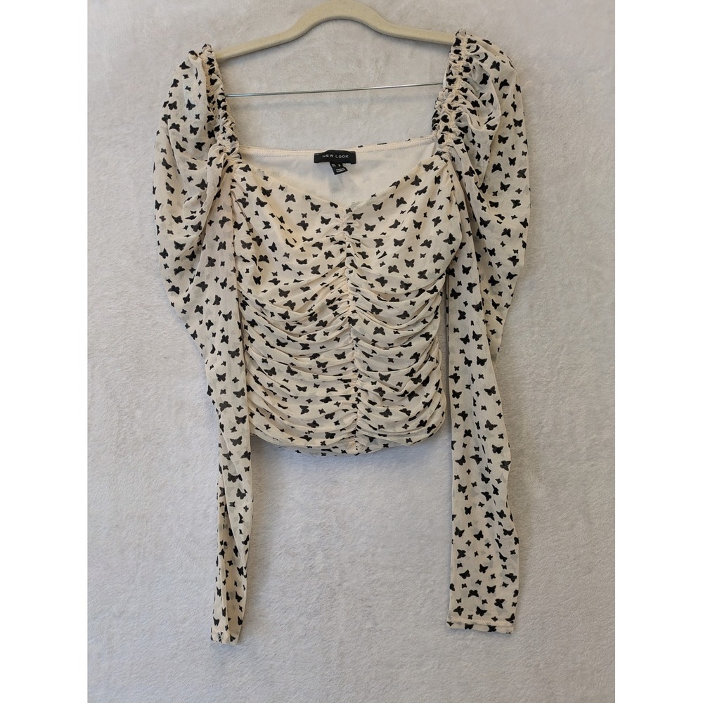 New Look Women's Size 6 Cream Butterfly Print Long Sleeve Top Ruched Mesh